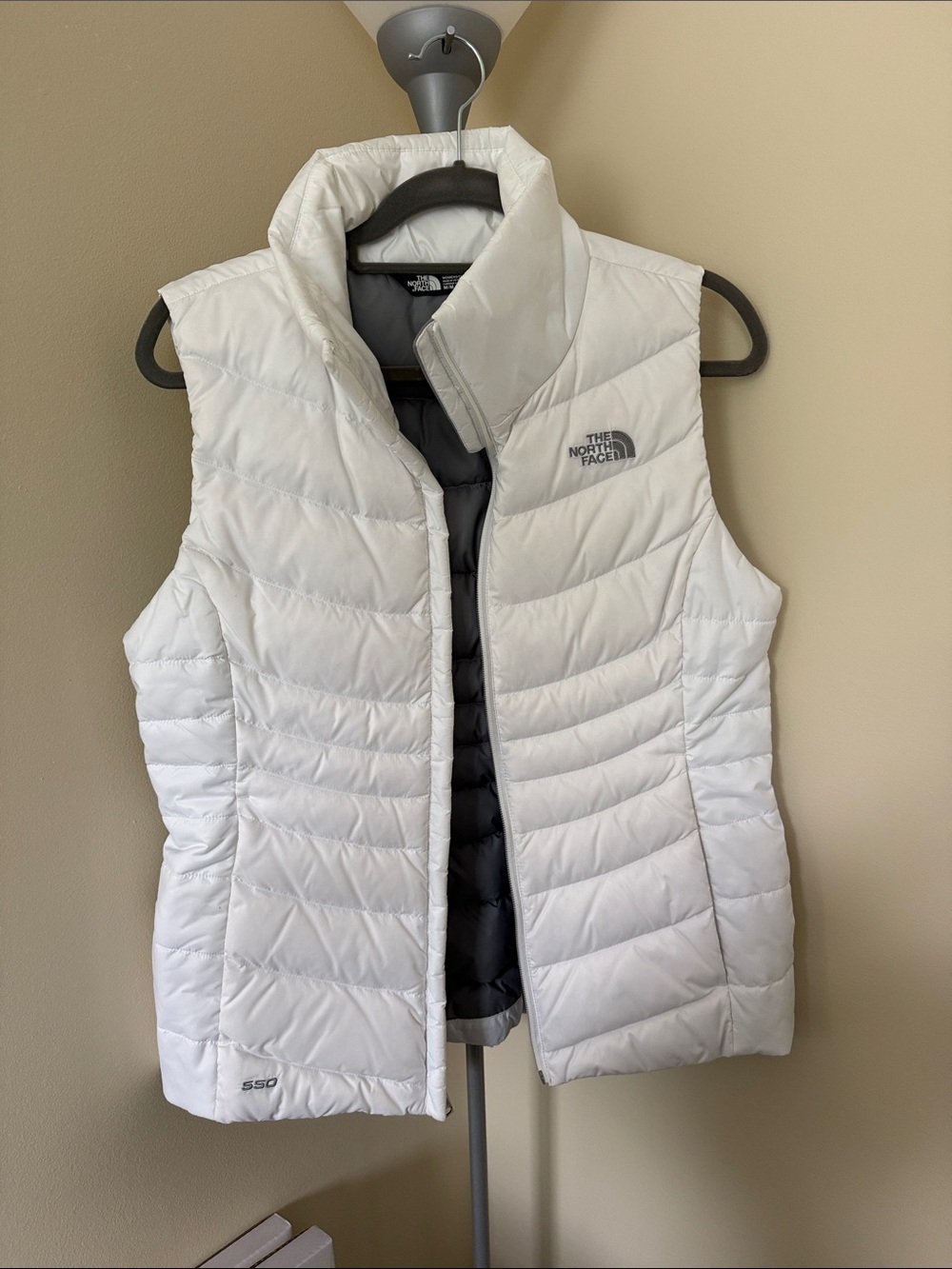 The North Face White Quilted Down Vest with Gray Interior